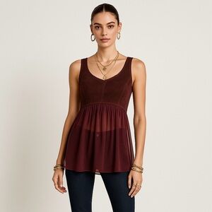 illia Top Burgundy Suede Chiffon Sleeveless Whimsigoth Peplum Fairy Blouse XS